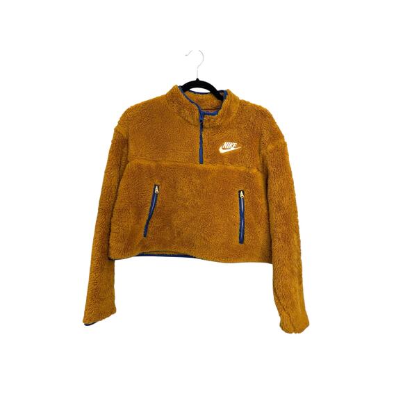 Nike Sherpa Fleece Half-Zip Womens Medium Mustard Gold Cropped Blue Trim - Picture 1 of 5